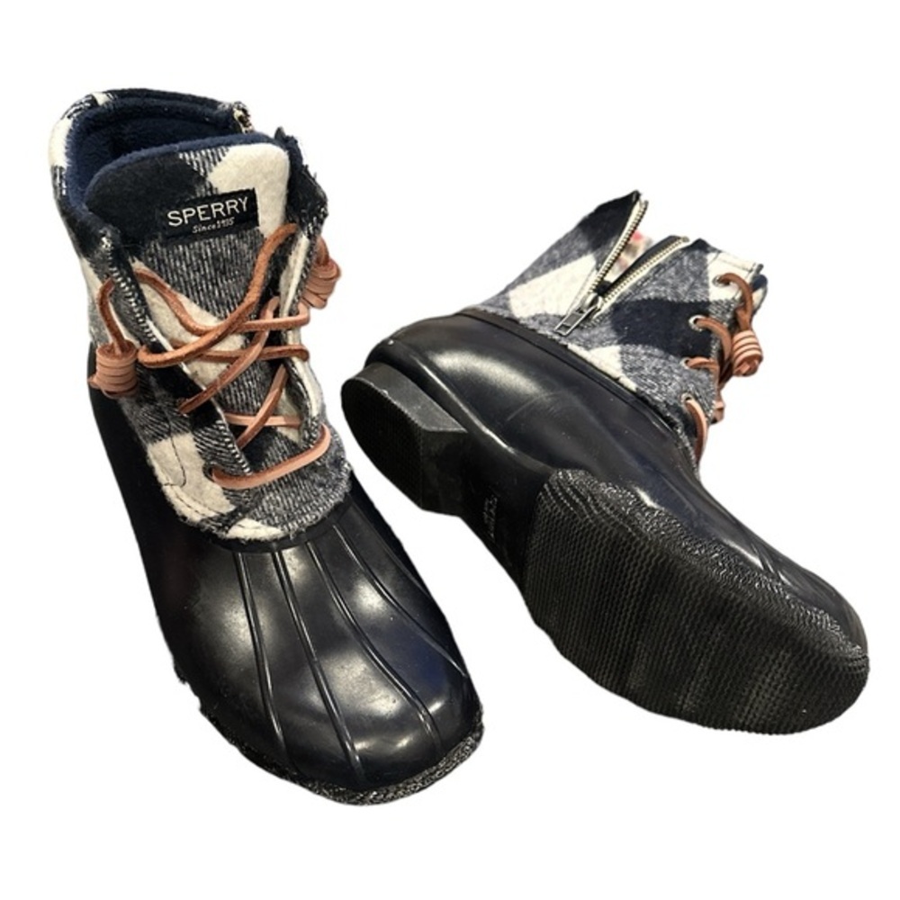 Sperry Black Rubber & Gray Plaid Winter Rain Boots